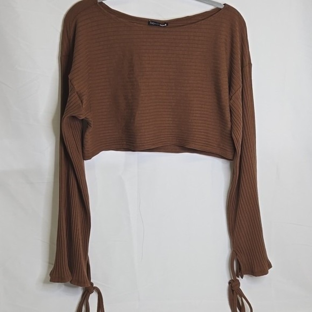 Fashion Nova Rest Up Ribbed Crop Top, Tie Wrist Detail Sleeve, Brown, Large, NEW